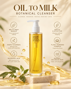 A bottle of Purify Bella 'Oil to Milk' Botanical Cleanser stands on a stone slab with decorative oil droplets, flowers, and text callouts on a warm cream background.