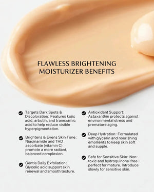 Flawless Brightening Moisturizer benefits text overlay on a beige background