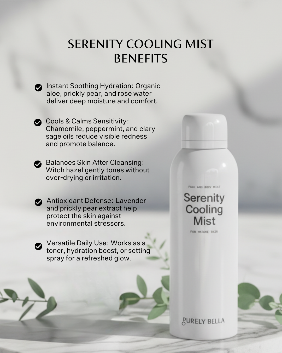 Serenity Cooling Mist ingredients - organic aloe rose water lavender refreshing face spray