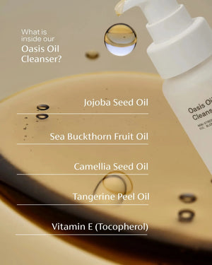 Oasis Oil Cleanser with ingredients listed on a beige background