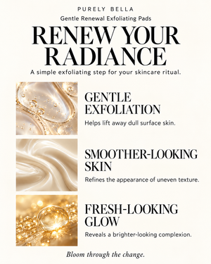 A skincare product informational graphic for Purely Bella Renew Your Radiance Gentle Renewal Exfoliating Pads. The design features three vertical panels showing golden exfoliating textures, smooth cream-like silk, and sparkling golden highlights, paired with descriptive text about gentle exfoliation, smoother-looking skin, and fresh-looking glow.