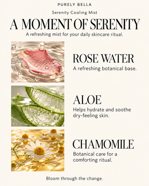A skincare product informational graphic for Purely Bella 'A Moment of Serenity' Serenity Cooling Mist. The design features a warm cream background with black serif typography and three vertical photographic panels on the left showcasing rose water, aloe vera, and chamomile flowers, paired with descriptive text on the right.