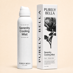 Purely Bella Serenity Cooling Mist bottle, main product shot for hot flash relief