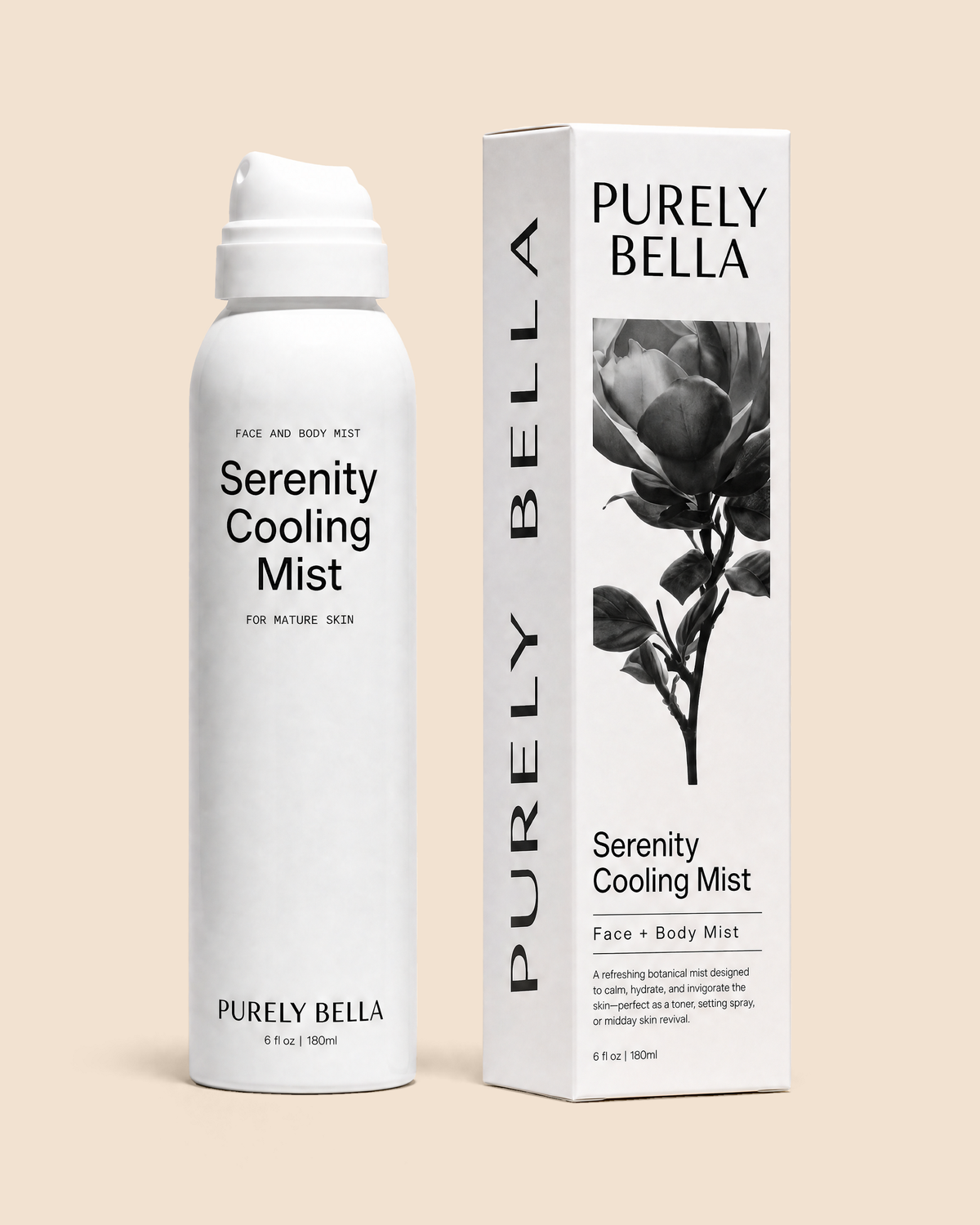 Purely Bella Serenity Cooling Mist bottle, main product shot for hot flash relief