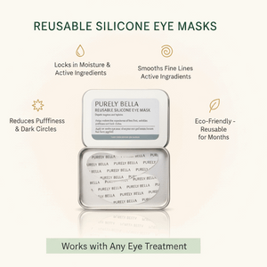 Purely Bella reusable silicone eye mask packaging with features listed on a white background