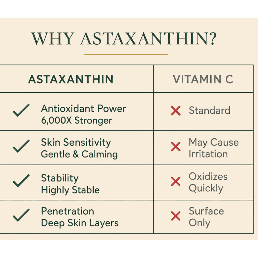 Comparison chart of astaxanthin and vitamin C with checkmarks and crosses.