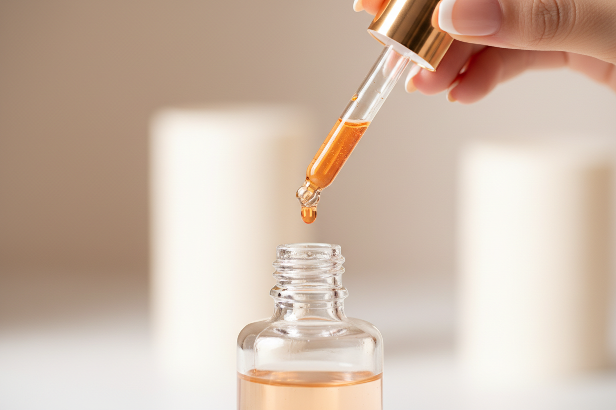 close up of dropper bottle dripping of orange serum with French tip nails
