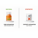 Comparison between natural and synthetic astaxanthin products on a white background.