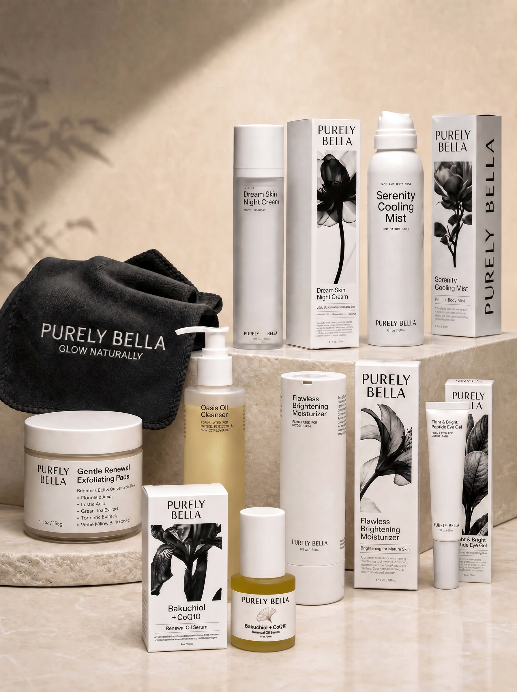 Complete Glow Ritual full Purely Bella product lineup on warm background