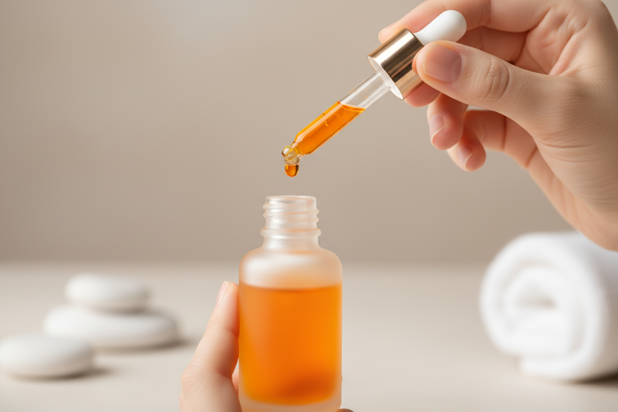 dropper bottle with orange serum with a woman's hand dripping