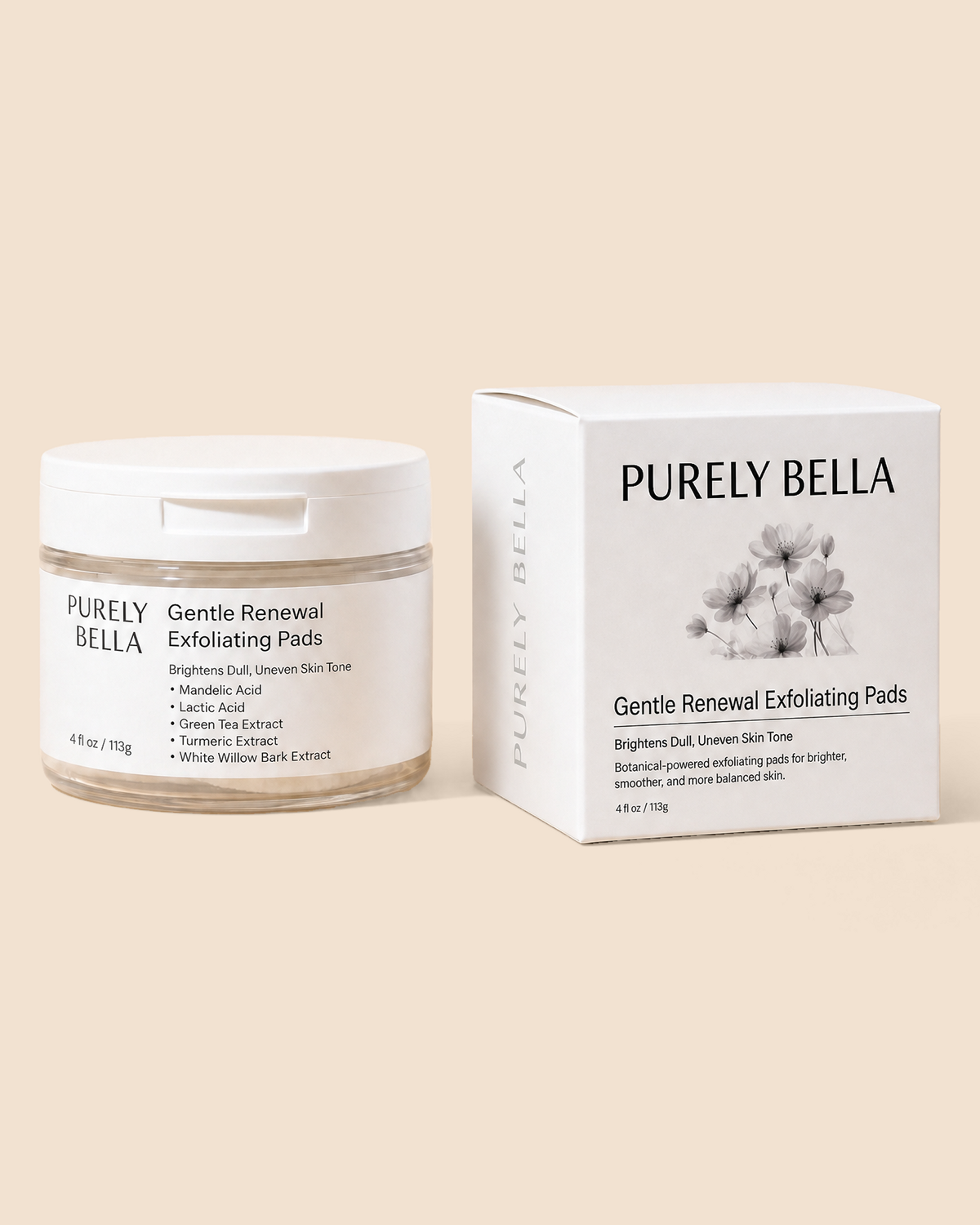 Purely Bella Gentle Renewal Exfoliating Pads jar, main product shot on beige background