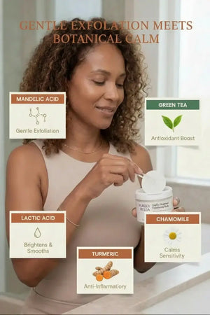 Woman using a skincare product with botanical ingredients displayed on a neutral background