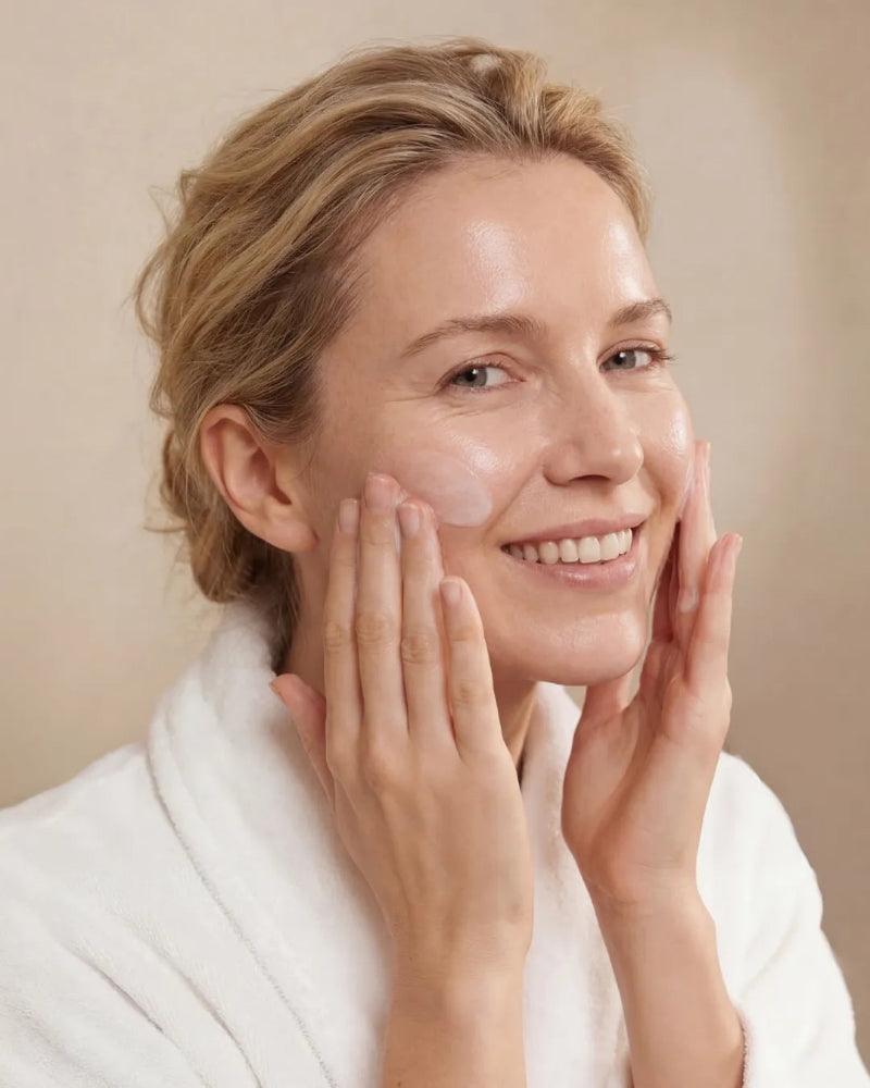 Woman in a white robe touching her face against a beige background