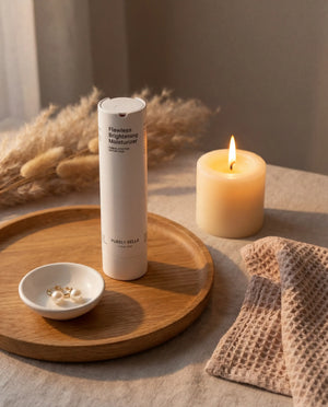 Skincare product on a wooden tray with a candle and decorative elements
