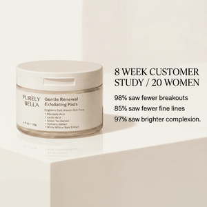 Jar of Purely Bella Gentle Renewal Exfoliating Pads on a white background with text about customer study results.