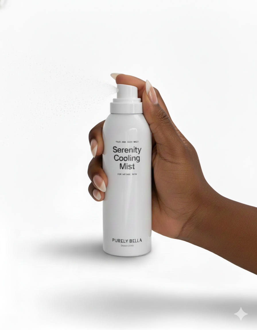 Hand holding a bottle of 'Serenity Cooling Mist' by Purely Bella against a white background