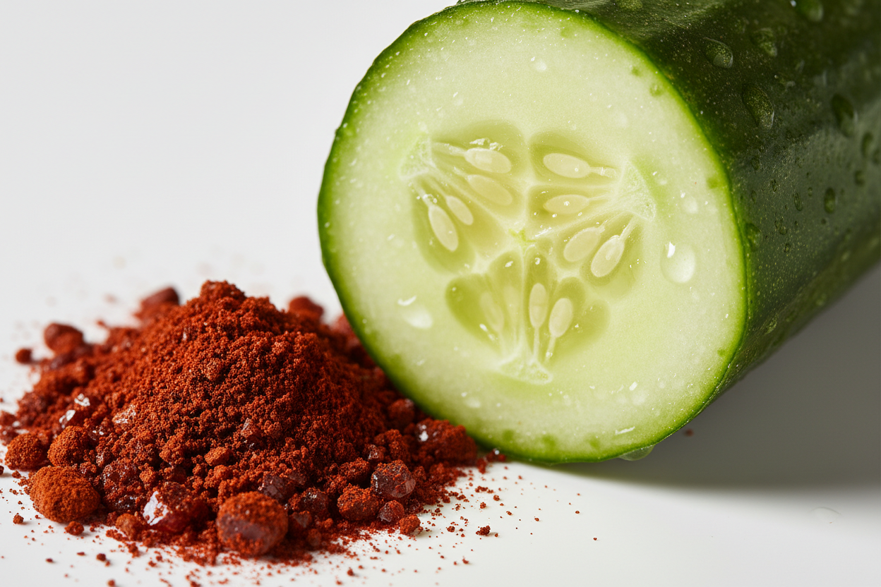 ingredient raw material of cucumber and astaxanthin, close up and pretty, 