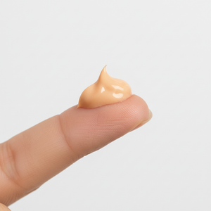 Hydroquinone-free brightening cream on finger - safe dark spot treatment sensitive skin