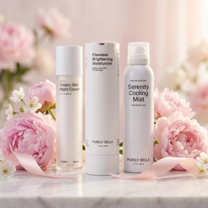Three skincare products from PURELY BELLA with pink flowers in the background