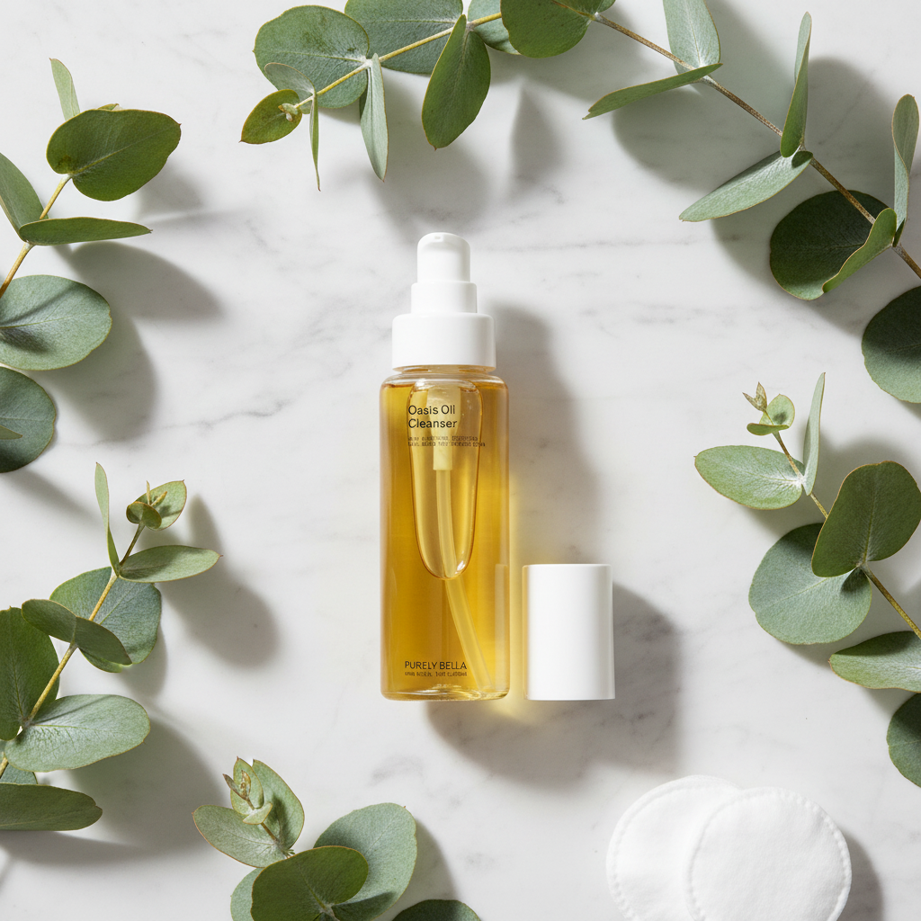 Best Botanical oil cleanser with dropper on a marble surface surrounded by eucalyptus leaves
