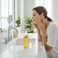 Woman applying skincare product in a bathroom setting with a bottle of Oasis oil  cleanser on the counter. Best Botanical oil cleanser.