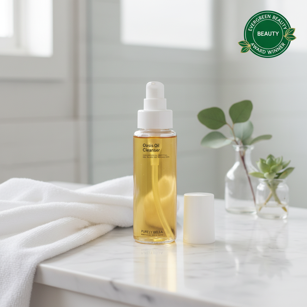 Bottle of Oasis Oil Cleanser on a marble surface with a plant and towel in the background, featuring Evergreen Beauty award badge. Best botanical Oil Cleanser