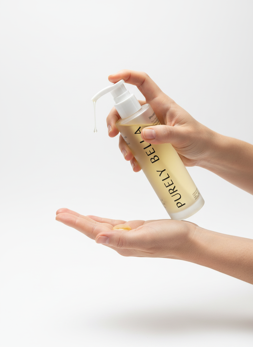 Oil cleanser being applied with hand to gently remove impurities and hydrate skin