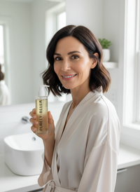 Lifestyle image of woman using oil cleanser in bathroom for gentle, nourishing facial cleansing