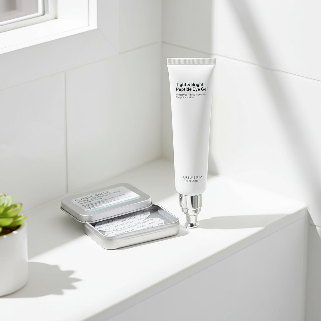 Reusable eye mask tin on window sill with natural lighting - sustainable beauty routine