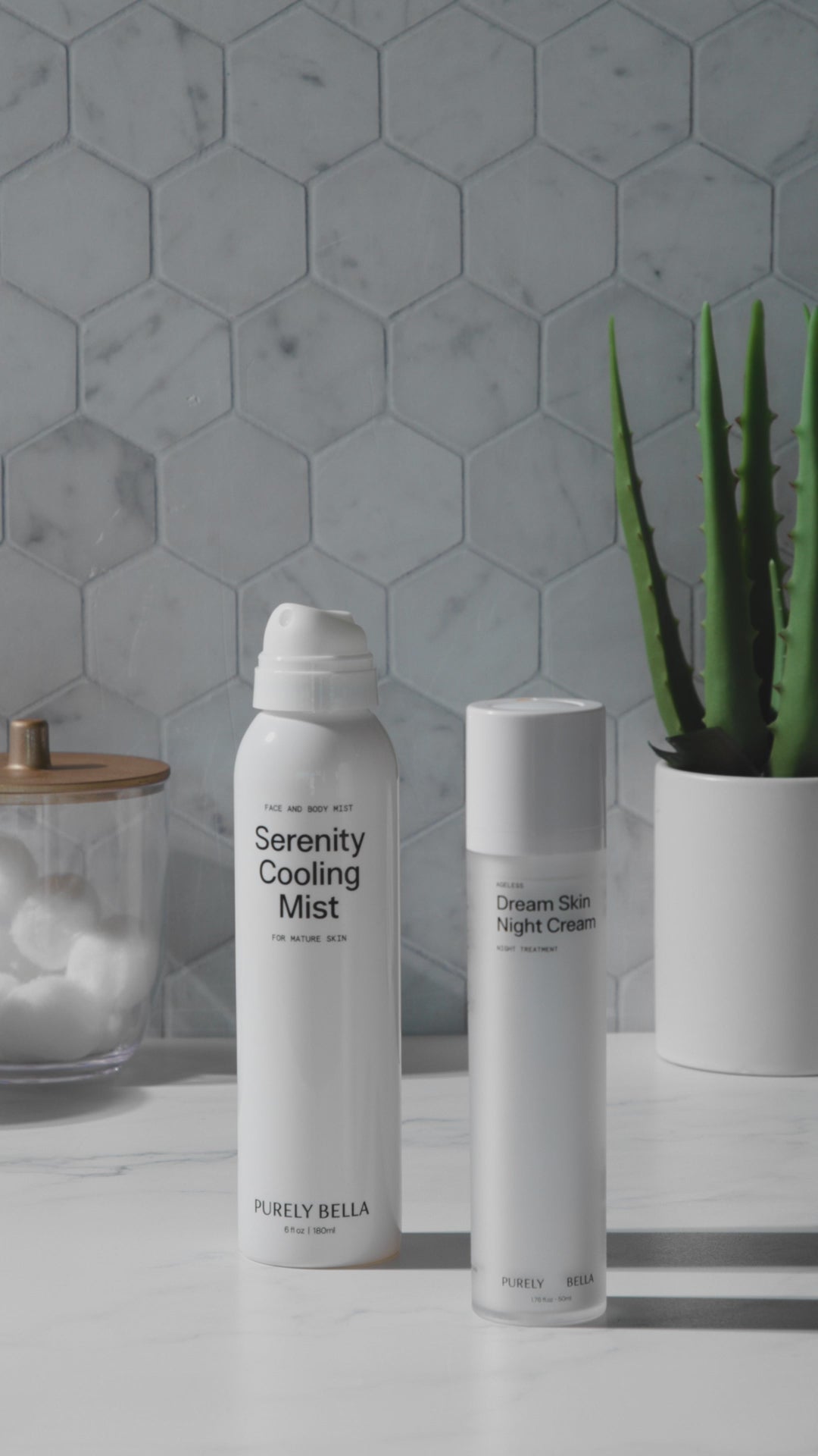 Serenity Botanical Cooling Mist Na Dream Skin Night Cream on a bathroom vanity.