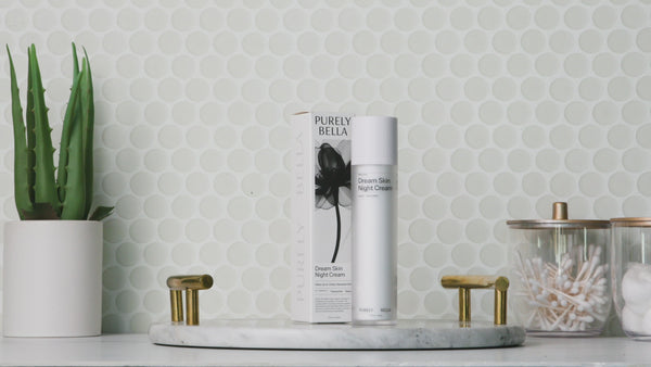 Video showcasing Purely Bella Beauty Dream Skin box and bottle in a clean, elegant product presentation