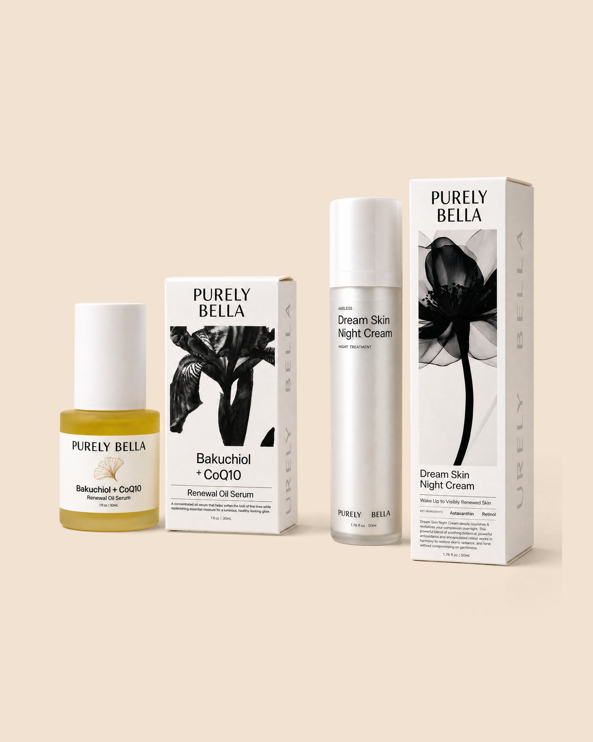 PURELY BELLA The Renew Ritual set featuring Bakuchiol + CoQ10 Renewal Oil Serum and Dream Skin Night Cream bottles.