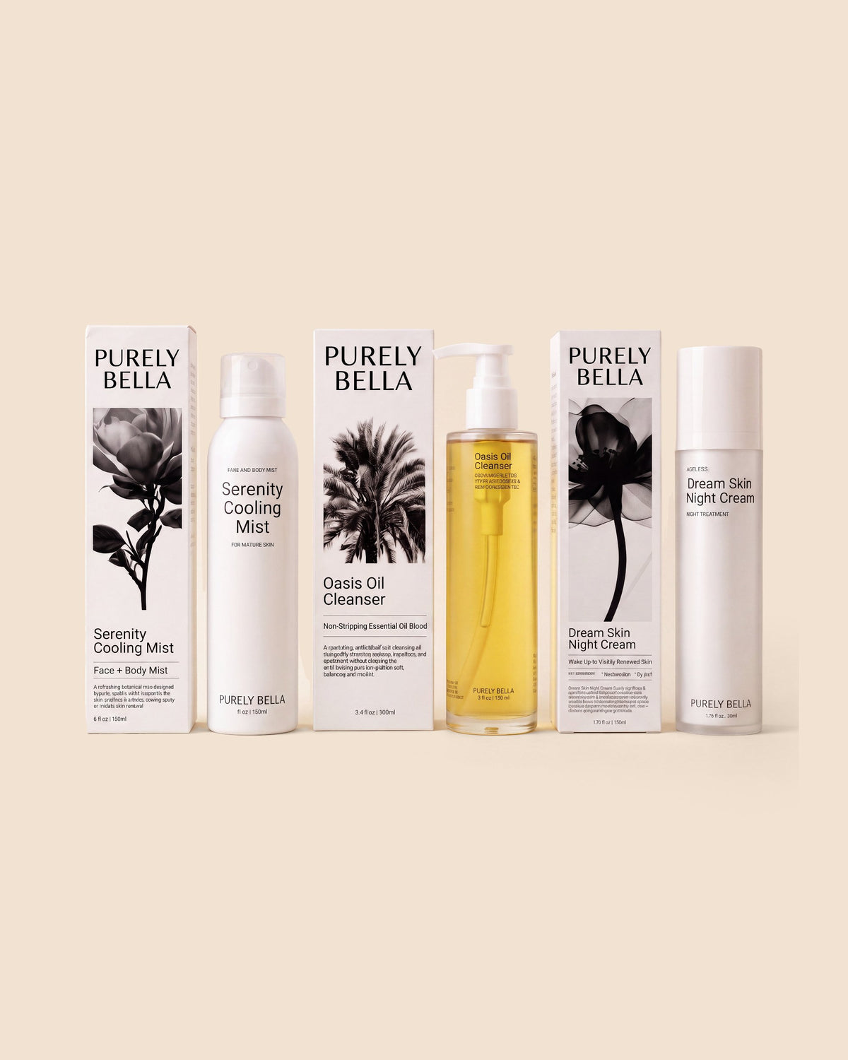 PURELY BELLA The Support Ritual skincare set featuring Oasis Oil Cleanser, Serenity Cooling Mist, and Night Cream.