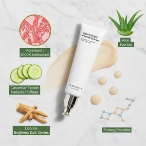 Skincare product with ingredients and benefits displayed on a white background