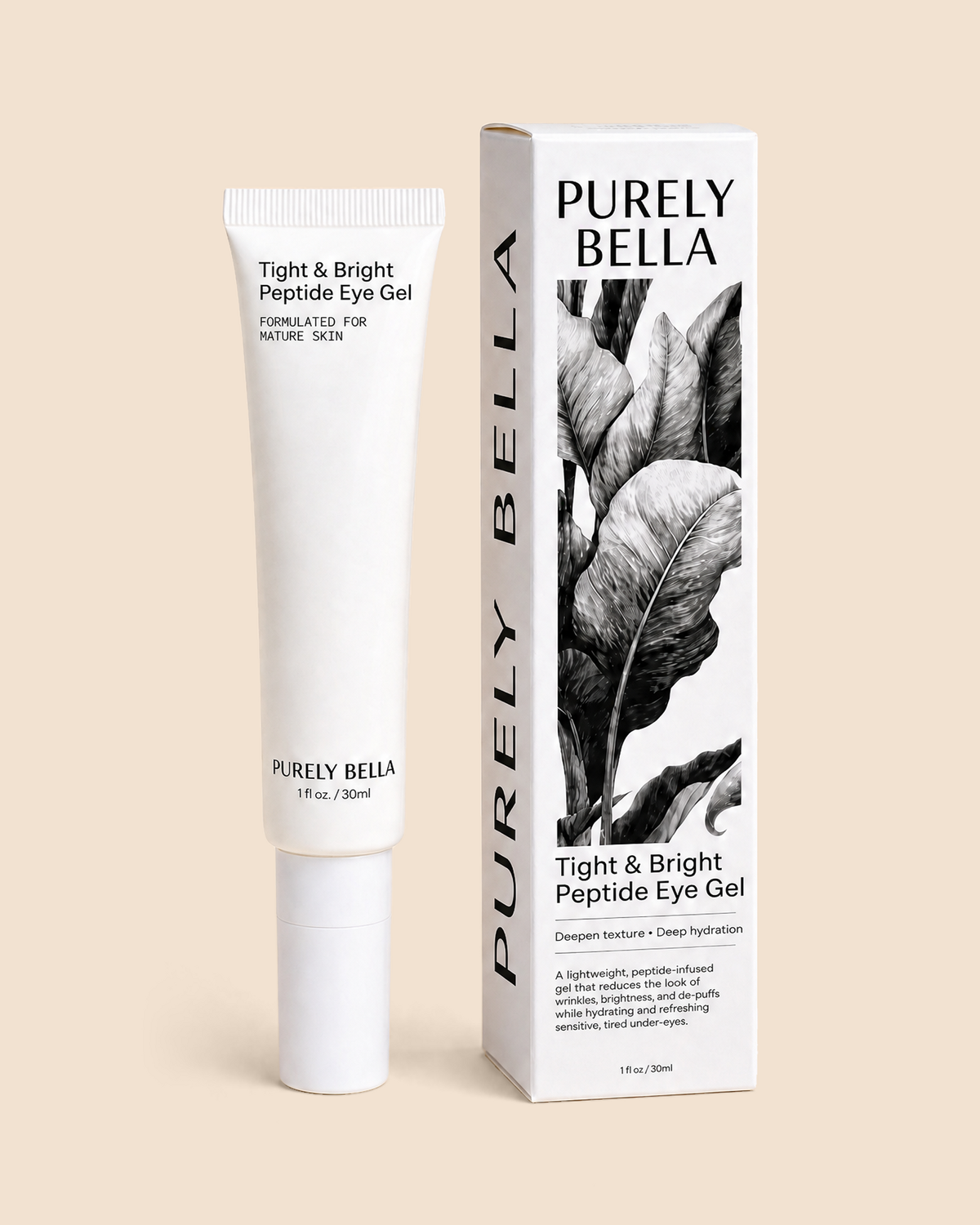 Purely Bella Tight & Bright Peptide Eye Gel bottle with applicator, main product shot