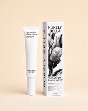 Purely Bella Tight & Bright Peptide Eye Gel with packaging on a beige background