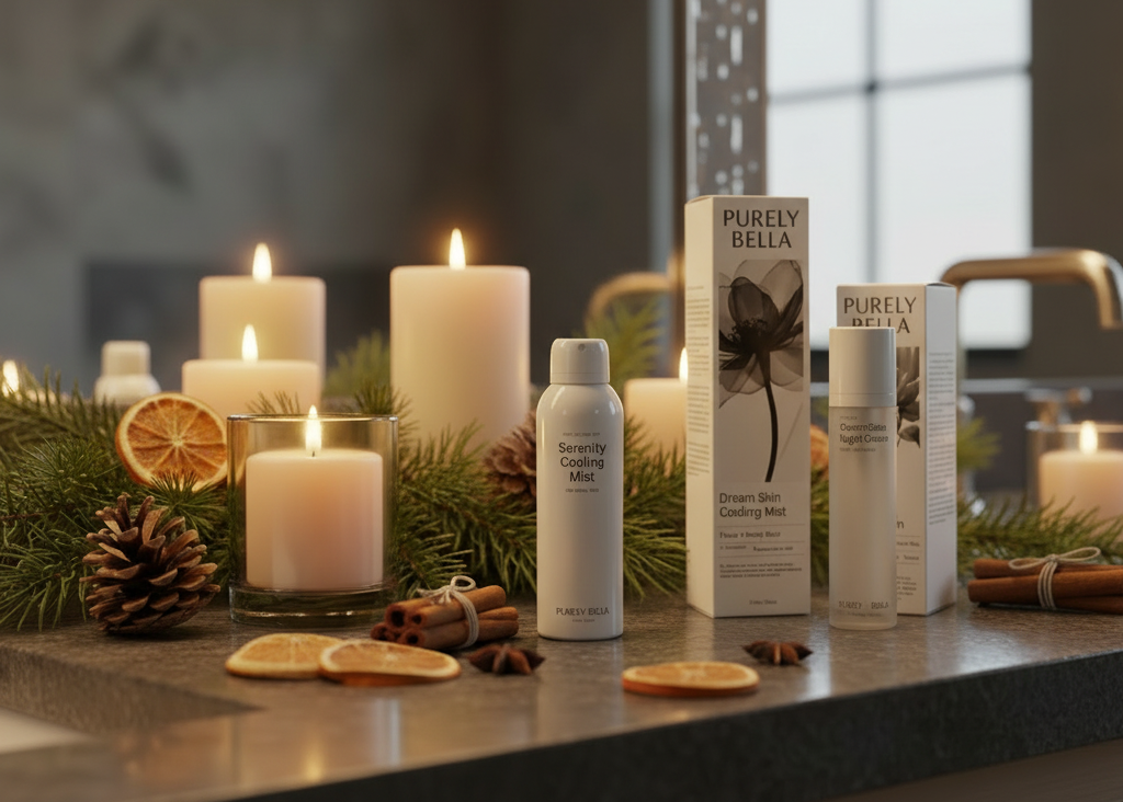 Cosmetic products on a table with candles and decorative elements, featuring the 'Evergreen Award Winner 2025' badge.